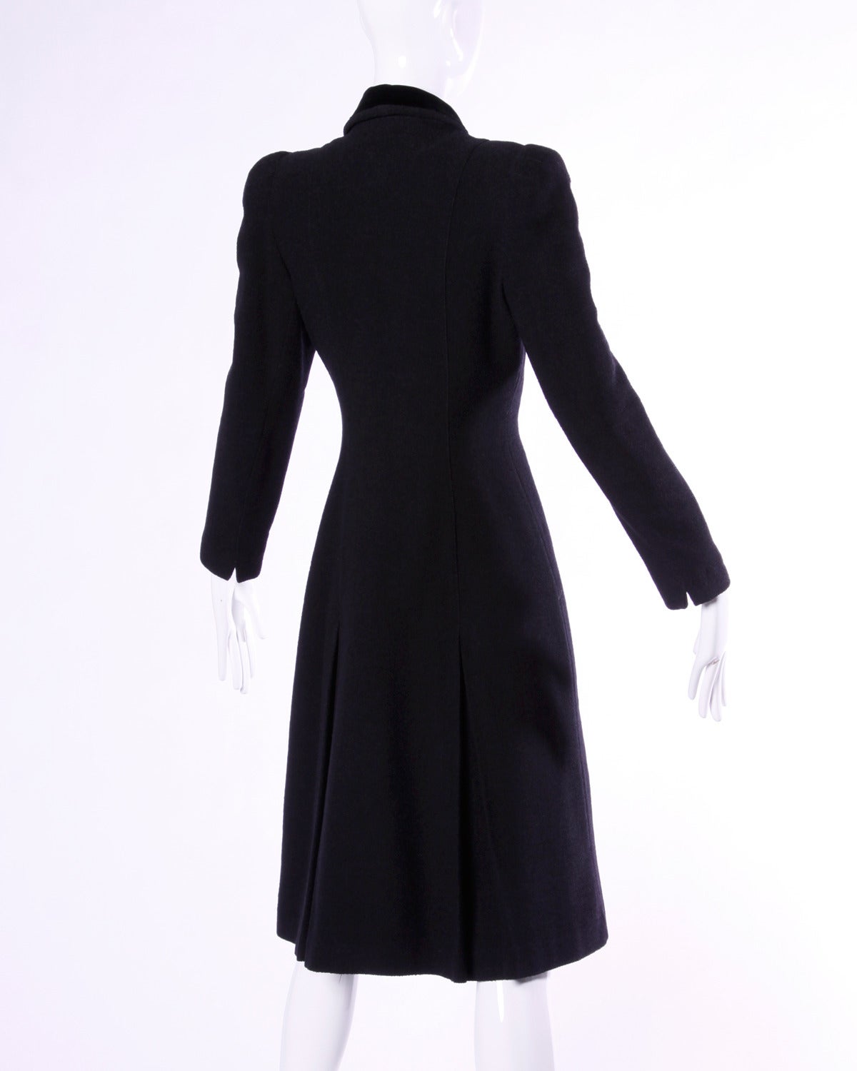 Women's Elegant Vintage 1940s 40s Black Wool Princess Coat with Bold Shoulders