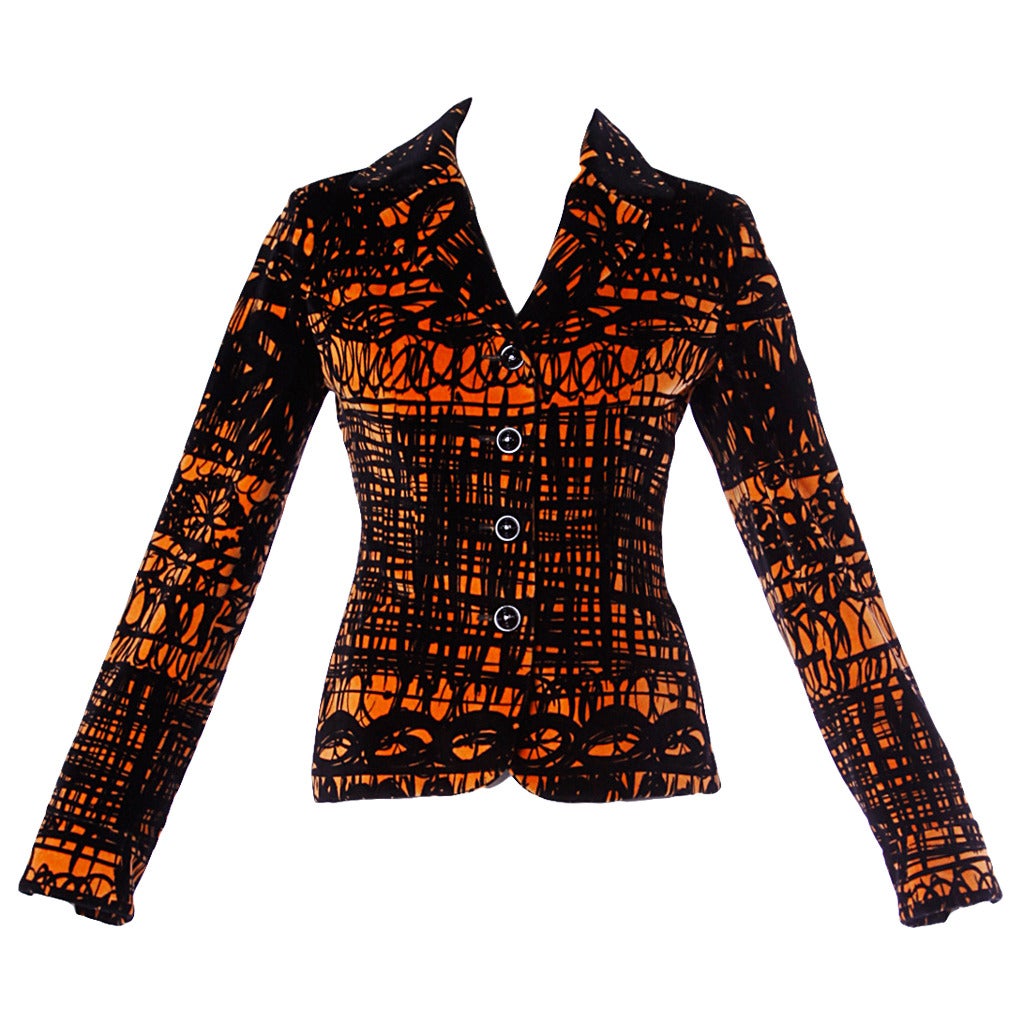 Moschino Vintage 1990s 90s Orange + Black Printed Velvet Blazer Jacket