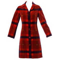 Bill Blass Vintage 1960s 60s Plaid Velvet Coat with Red Lucite Cube Buttons 6