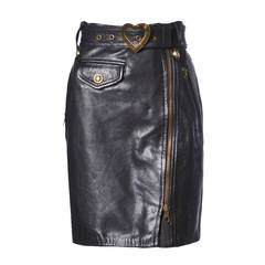 Moschino Vintage 1990s 90s Black Leather Skirt with Heart Belt Buckle
