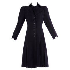 Elegant Vintage 1940s 40s Black Wool Princess Coat with Bold Shoulders