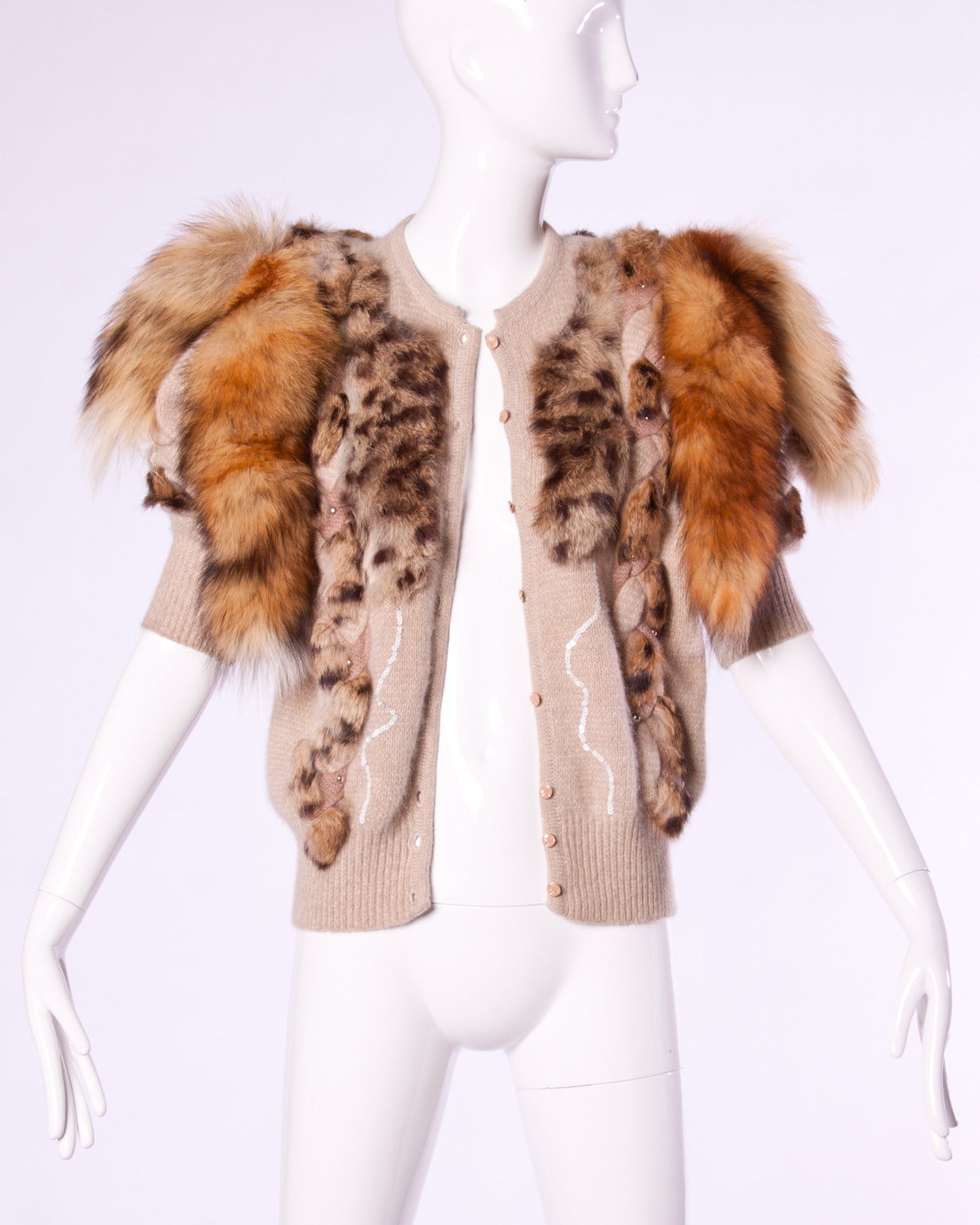 Women's Unworn Vintage 1980s 80s Fox Fur Tails Embellished Cardigan Sweater Jacket