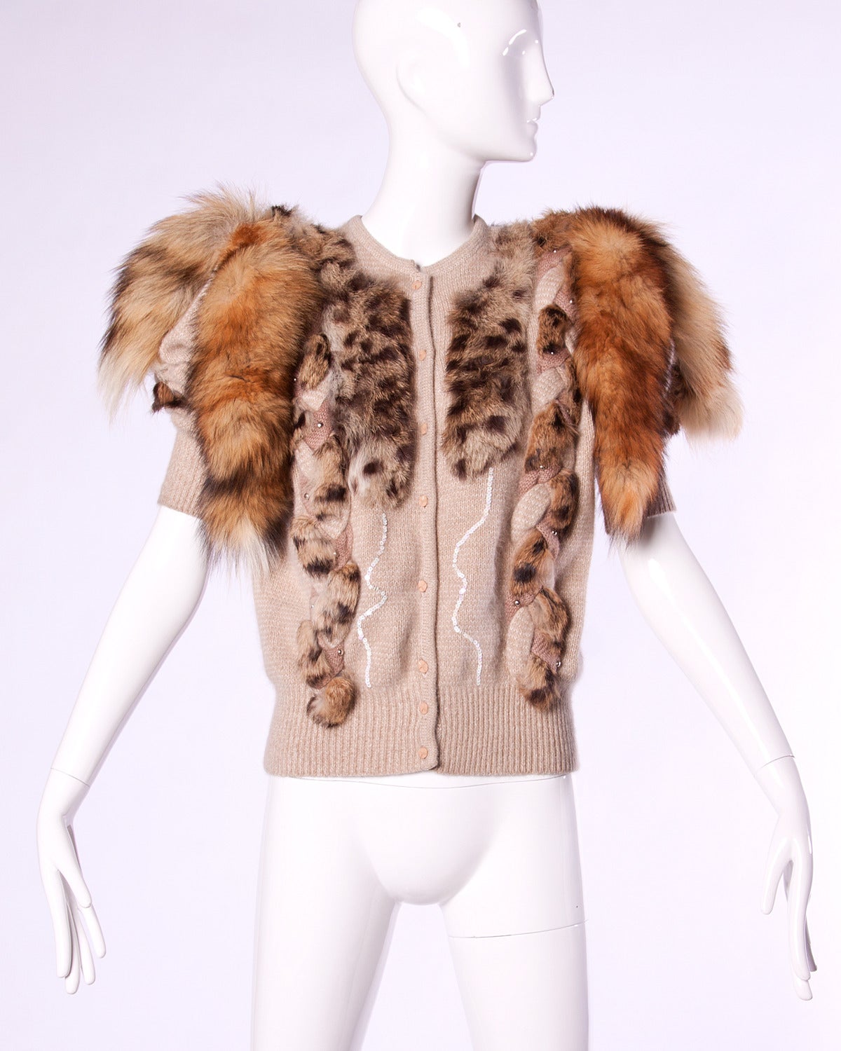 Unworn Vintage 1980s 80s Fox Fur Tails Embellished Cardigan Sweater Jacket 1