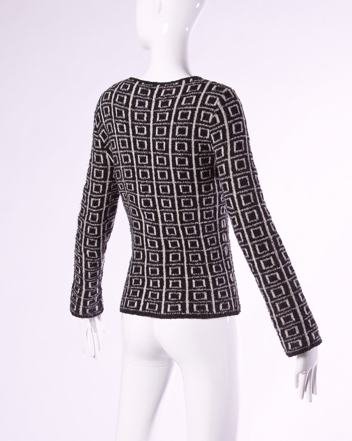 Krizia Vintage 1990s 90s Black + White Wool Geometric Graphic Knit