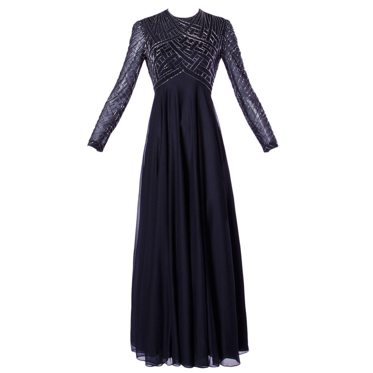 Victoria Royal Ltd. for I. Magnin Vintage 70s Metallic Beaded Black Silk Gown