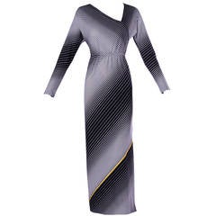 Victor Costa Vintage 1970s Op Art Print Black + White Striped Maxi Dress 12