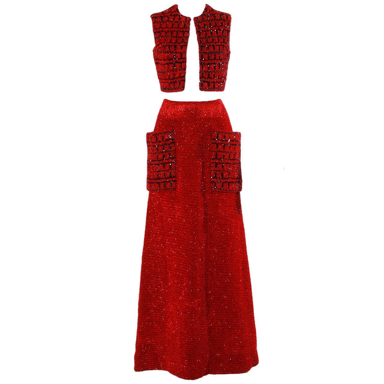 Jean Patou Vintage Sequin Heavily Beaded Sequin Skirt + Vest Set Ensemble