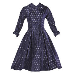 Ceil Chapman Vintage 1950s 50s Fruit Print Navy Silk Dress with Box Pleats