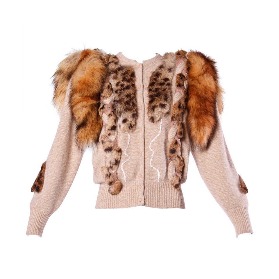 Unworn Vintage 1980s 80s Fox Fur Tails Embellished Cardigan Sweater Jacket