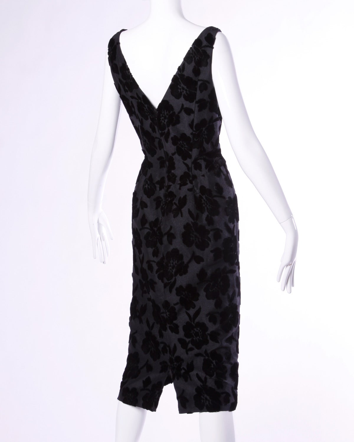 Extremely rare early Oleg Cassini vintage couture cocktail dress in burnout silk velvet. Hand stitched couture construction and hourglass silhouette. This dress is extremely well made and nothing like his later ready to wear pieces.

Details: