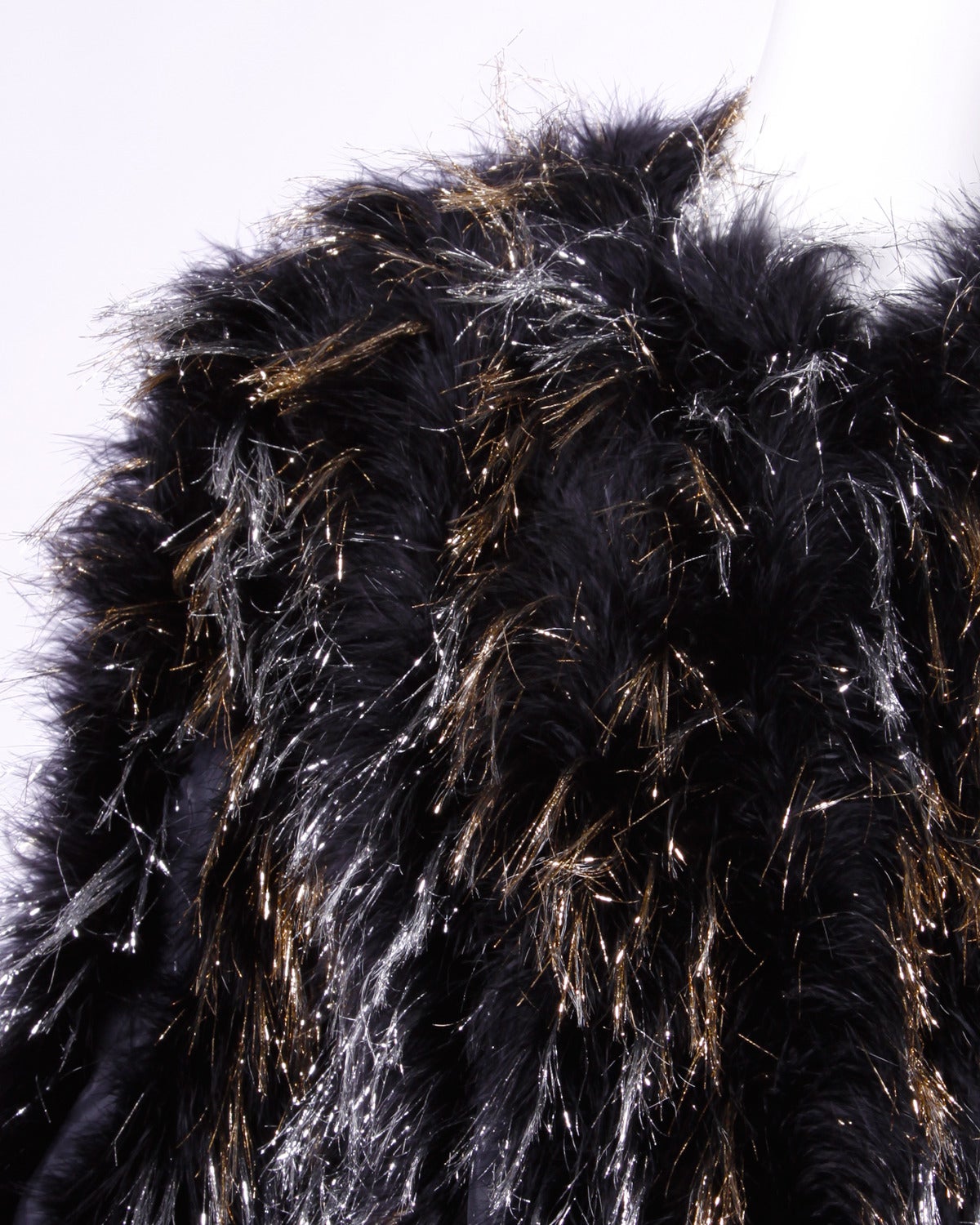 Vintage 1970s 70s Chubby Black Feather Jacket with Metallic Silver