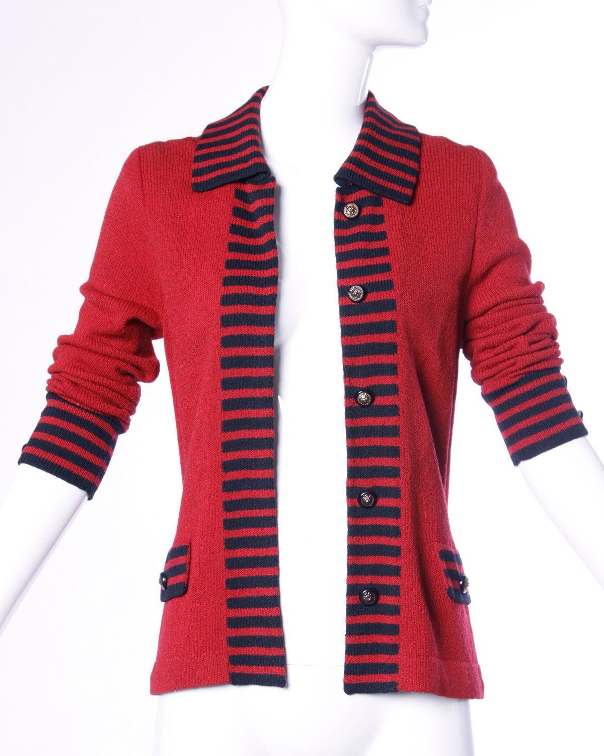Adolfo Vintage Red and Black Striped Knit Cardigan Sweater or Suit ...