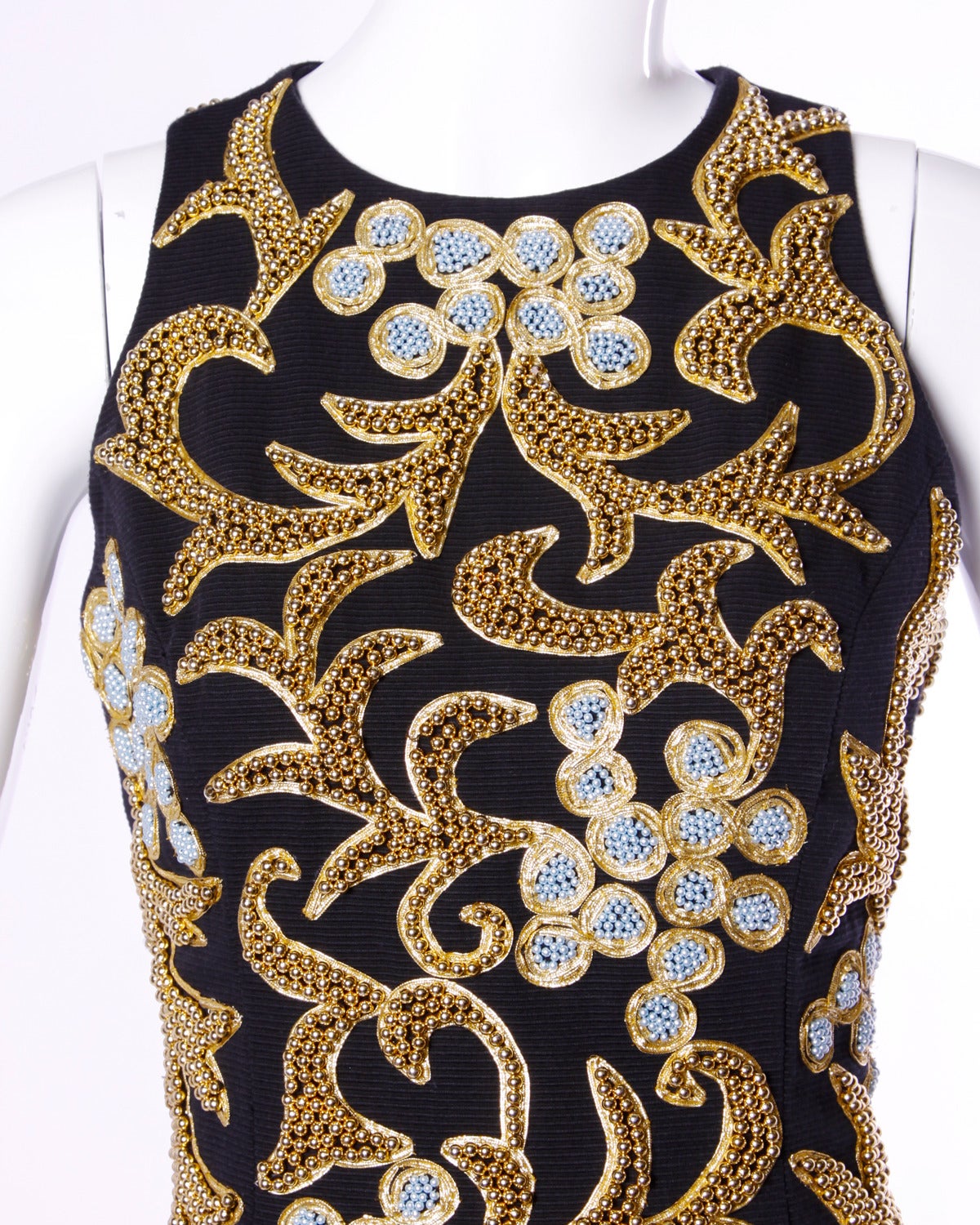 Bill Blass Vintage 1990 90s Metallic Gold + Silver Beaded Black Formal Dress