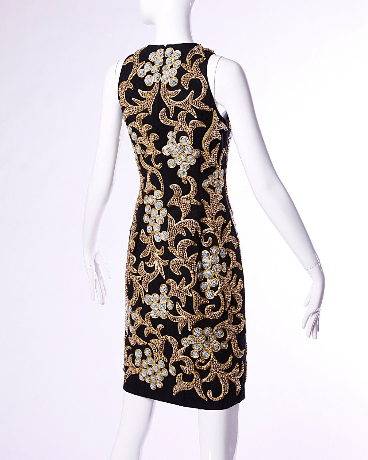 Women's Bill Blass Vintage 1990s 90s Metallic Gold + Silver Beaded Black Formal Dress