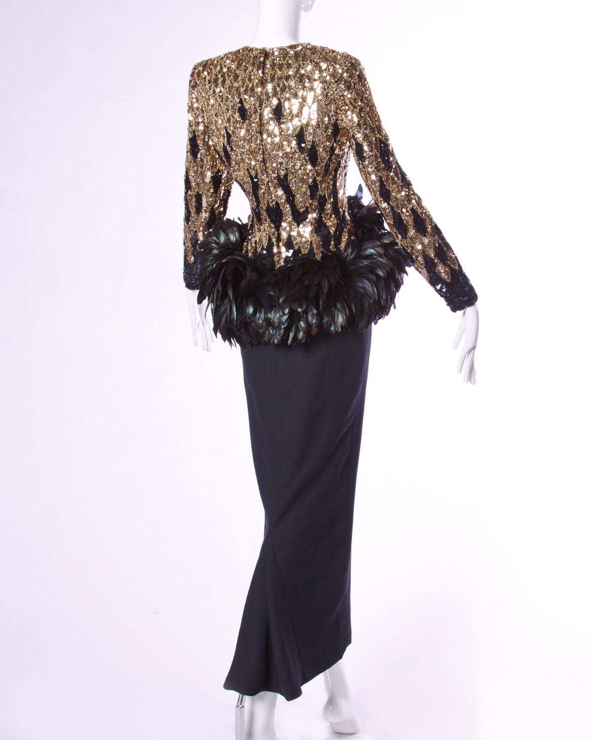 Women's Amen Wardy Vintage 1980s 80s Metallic Gold Sequin + Feather Peplum Dress