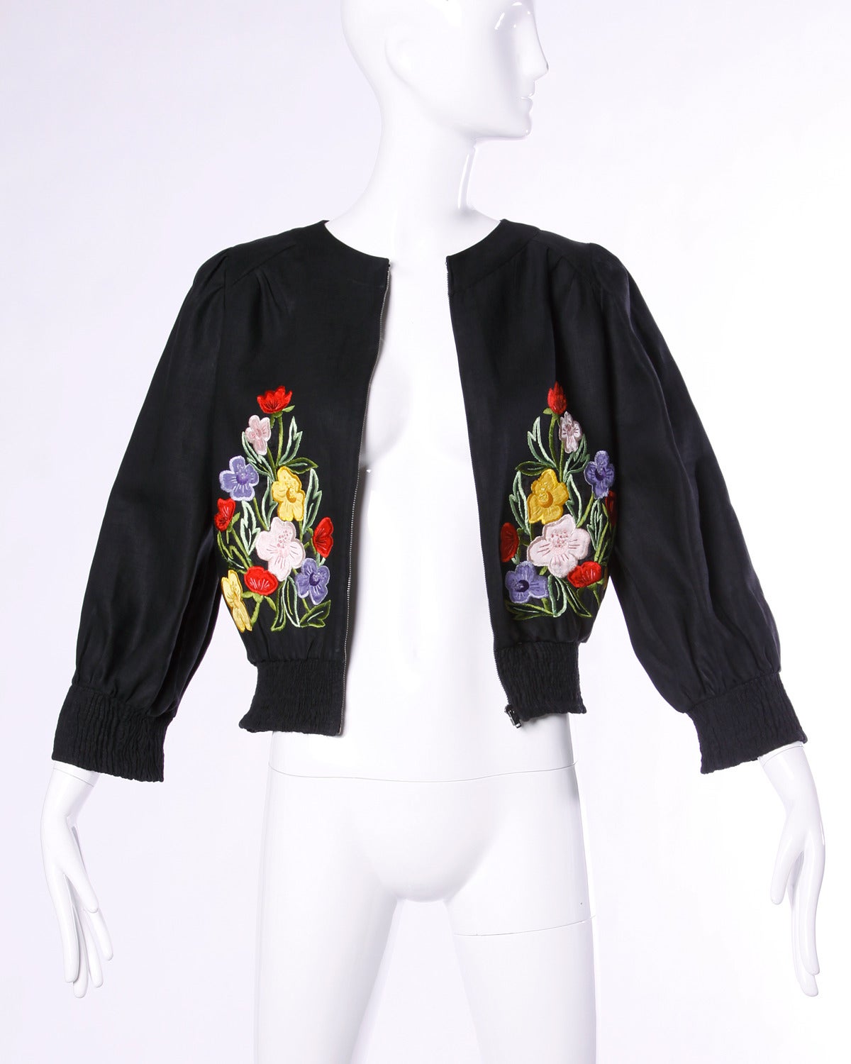 Women's Tiziani Vintage 1960s 60s Italian Flower Embroidered Applique Linen Jacket