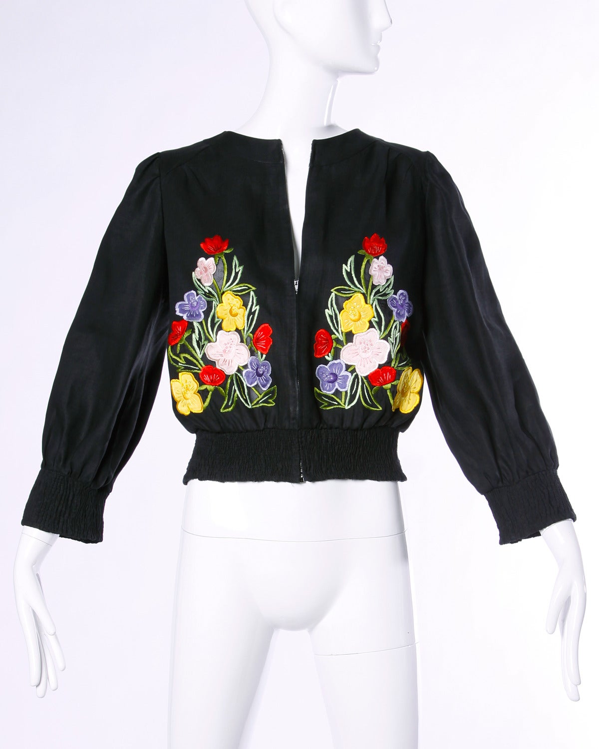 Tiziani Vintage 1960s 60s Italian Flower Embroidered Applique Linen Jacket 1