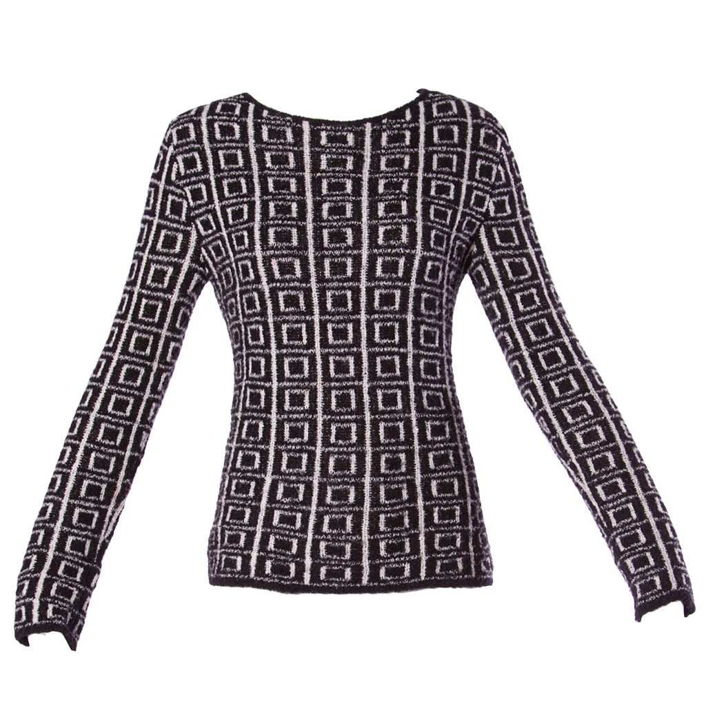 Krizia Vintage 1990s 90s Black + White Wool Geometric Graphic Knit Sweater