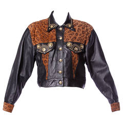 Lillie Rubin Vintage 1990s 90s Studded Leoaprd Print Black Leather Jacket