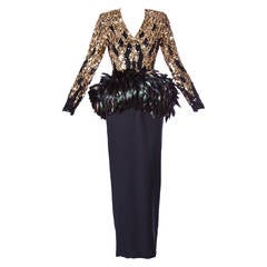 Amen Wardy Vintage 1980s 80s Metallic Gold Sequin + Feather Peplum Dress