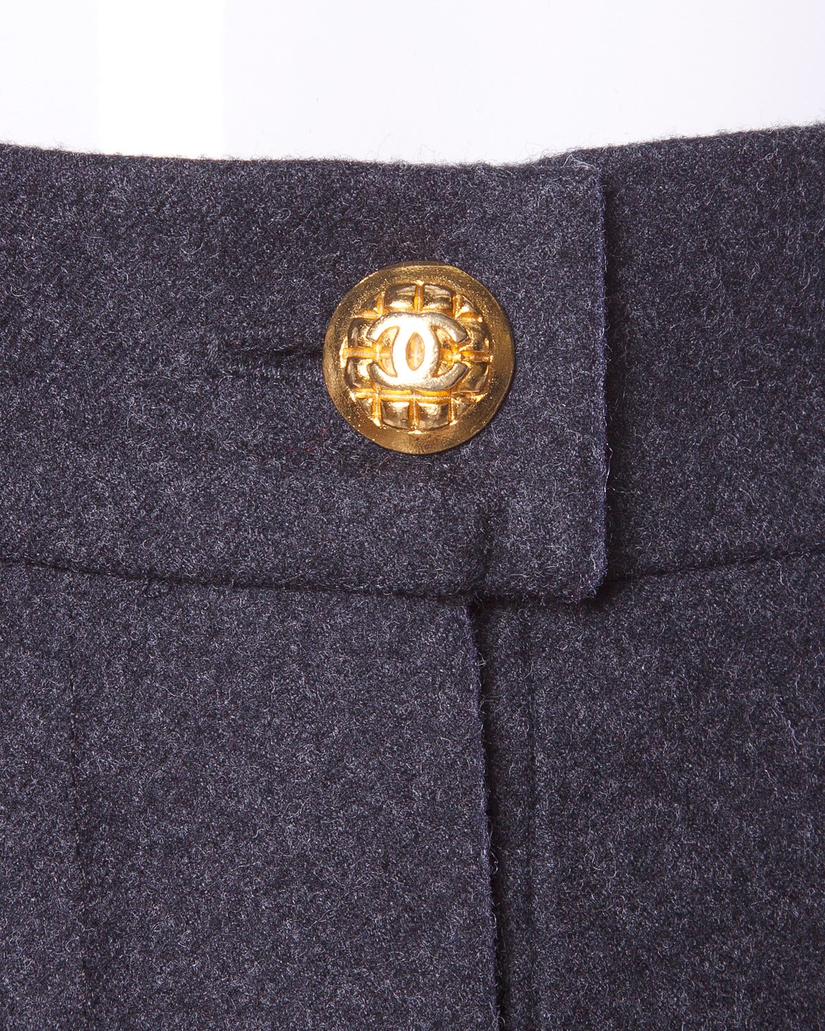 Black Chanel Vintage High Waisted Gray Wool Trousers with CC Logo Buttons