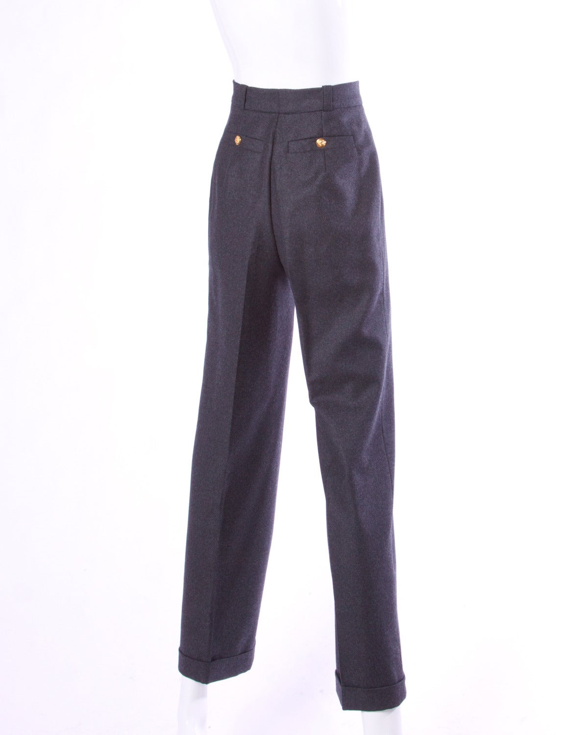 Chanel Vintage High Waisted Gray Wool Trousers with CC Logo Buttons In Excellent Condition In Sparks, NV
