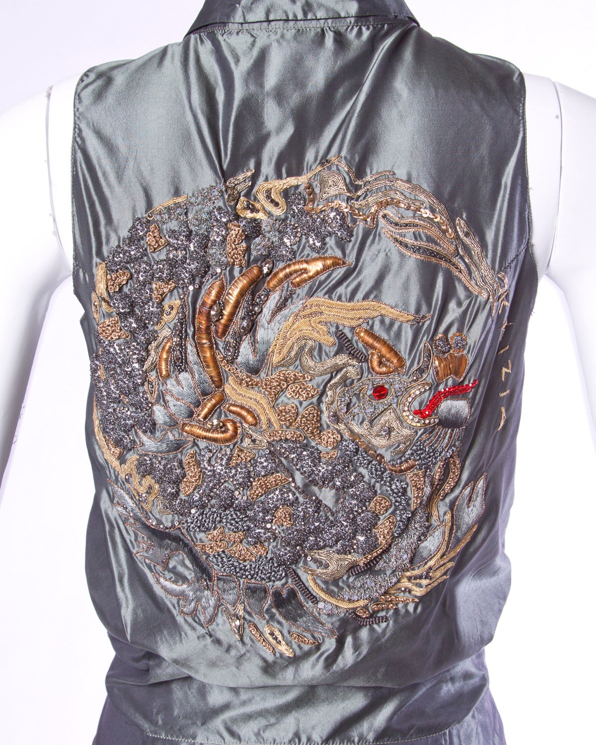 Krizia Vintage 1990s 90s Embroidered Dragon Silk Top + Pants Suit Ensemble 1