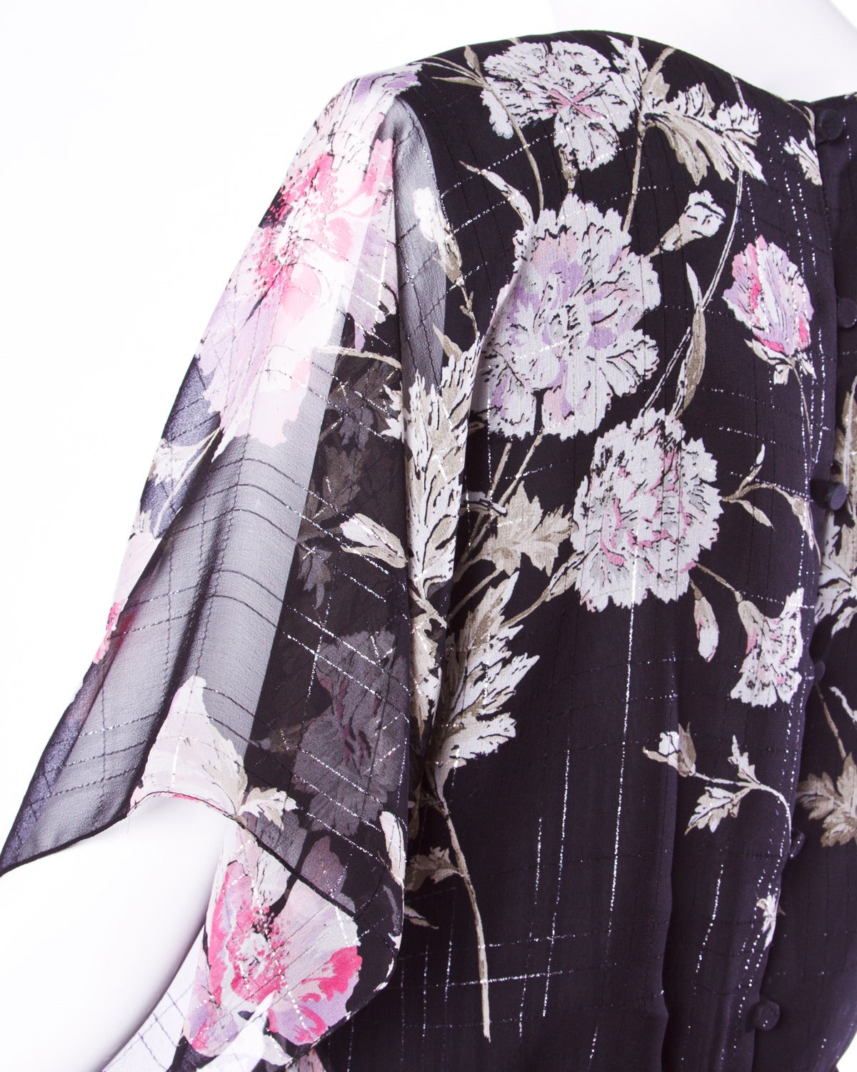 Women's Hanae Mori Vintage 1970s 70s Sheer Floral Print Metallic Dress