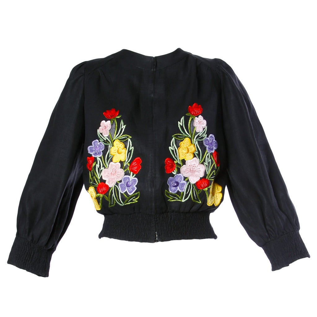 Tiziani Vintage 1960s 60s Italian Flower Embroidered Applique Linen Jacket