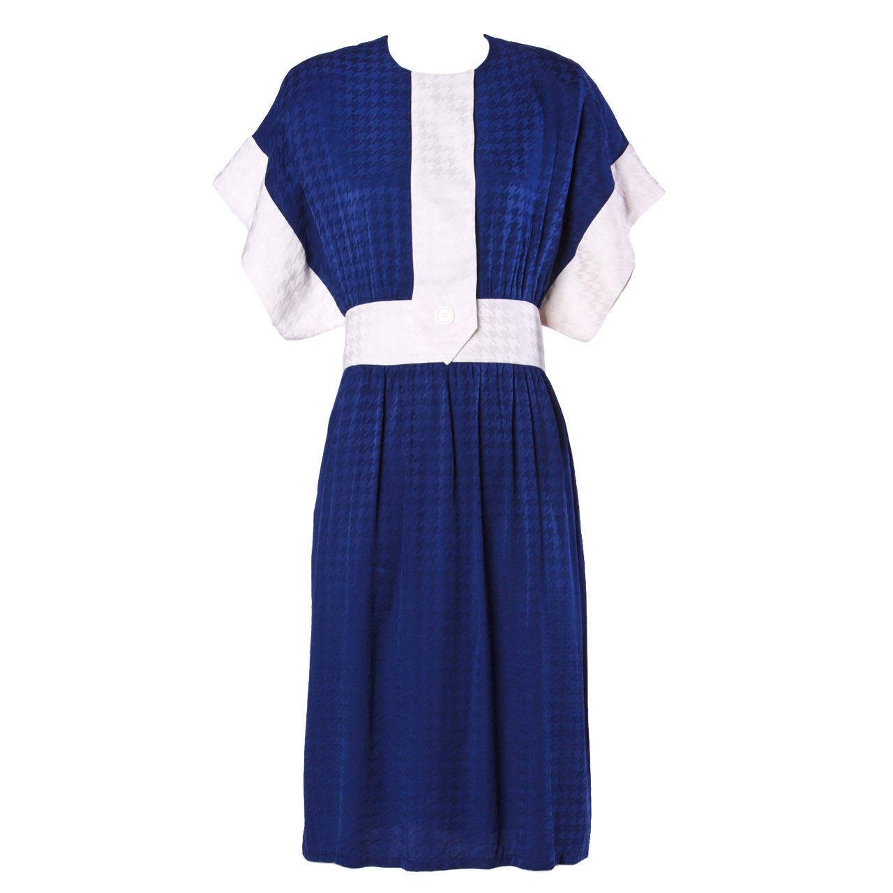 I. Magnin Vintage 1980s 80s Blue Color Block Silk Dress