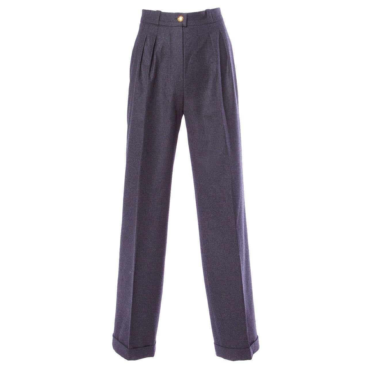 Chanel Vintage High Waisted Gray Wool Trousers with CC Logo Buttons