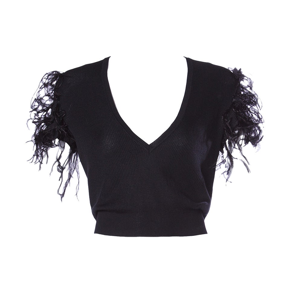 Valentino Vintage Black Silk Knit Sweater Top with Feather Sleeves
