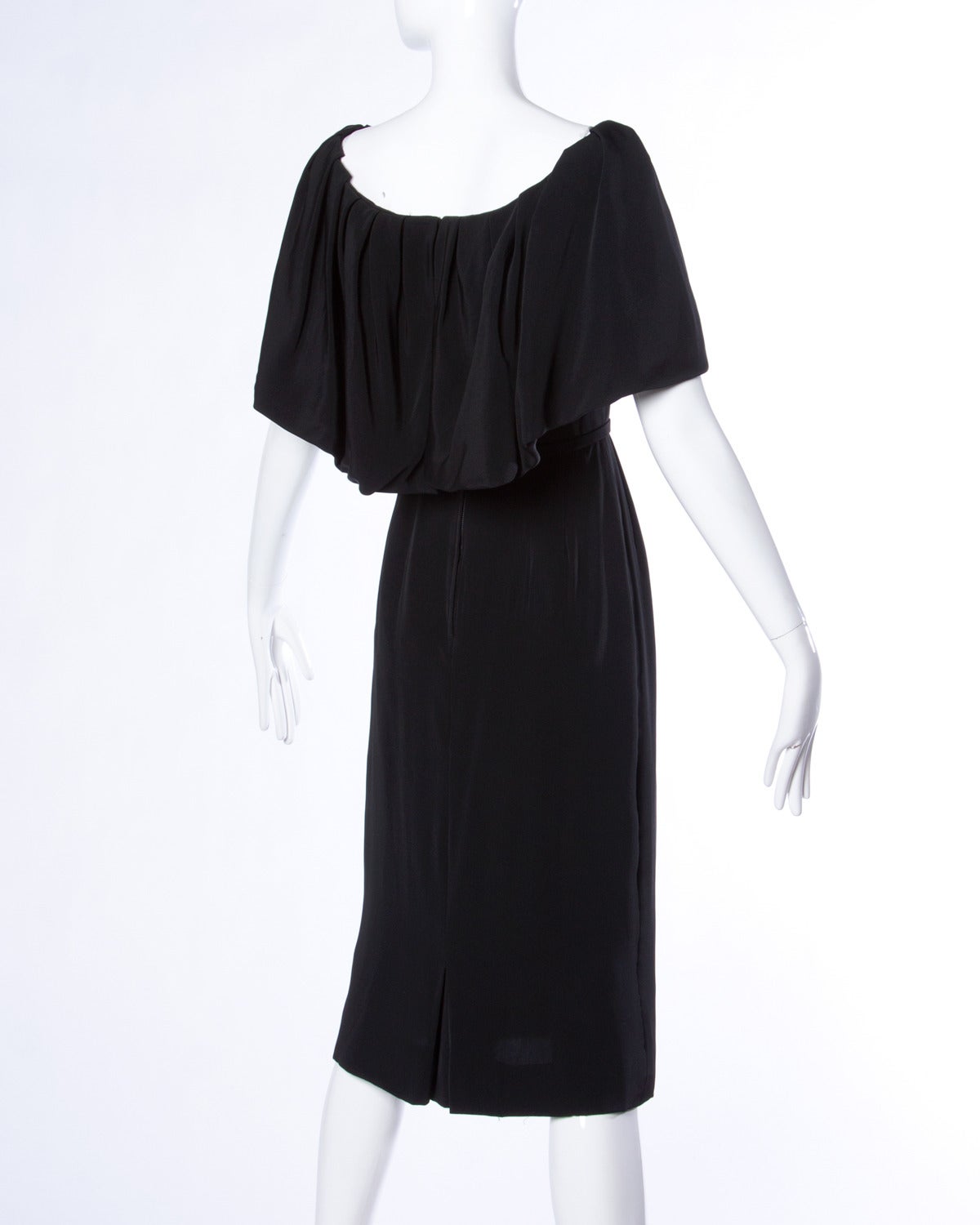 Nathan Strong Vintage 1960s 60s Black Silk Cocktail Dress with Capelet Collar