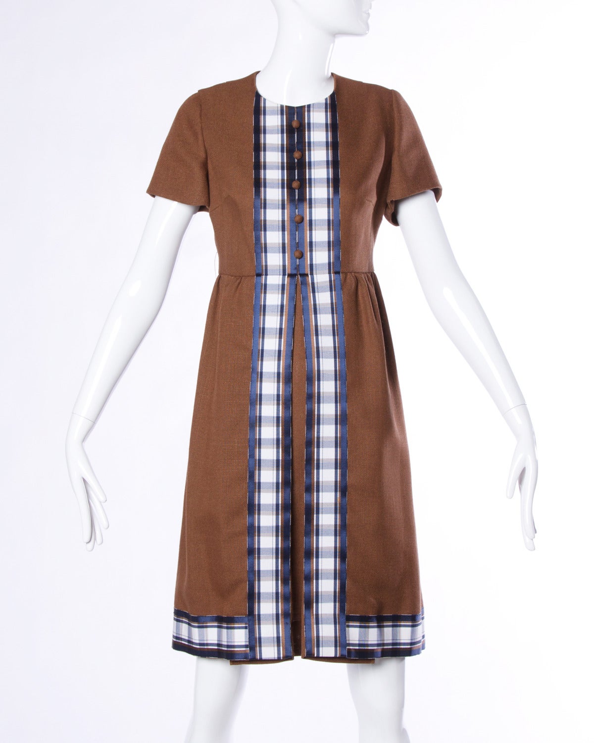 Marion Rigney Vintage 1960s 60s Mod Linen Dress with Plaid Ribbon Trim 1