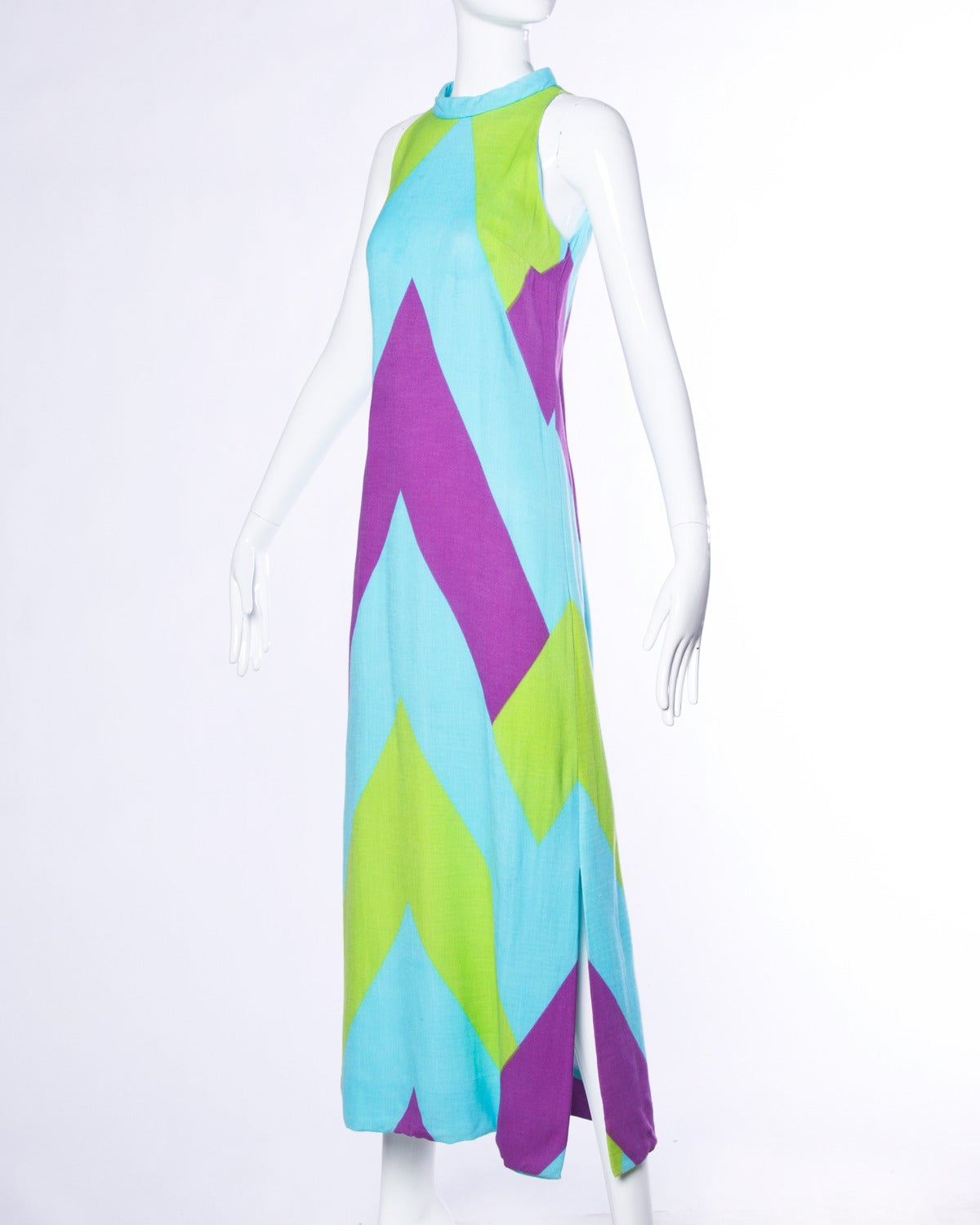 Rappi Vintage 1970s 70s Linen + Silk Geometric Color Block Maxi Dress In Excellent Condition In Sparks, NV