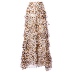Recent Bill Blass Tiered Silk Chiffon Leopard Print Maxi Skirt