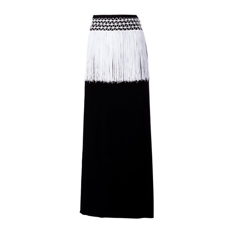 Valentino for Henri Bendel Vintage Black + White Fringe Maxi Skirt For Sale