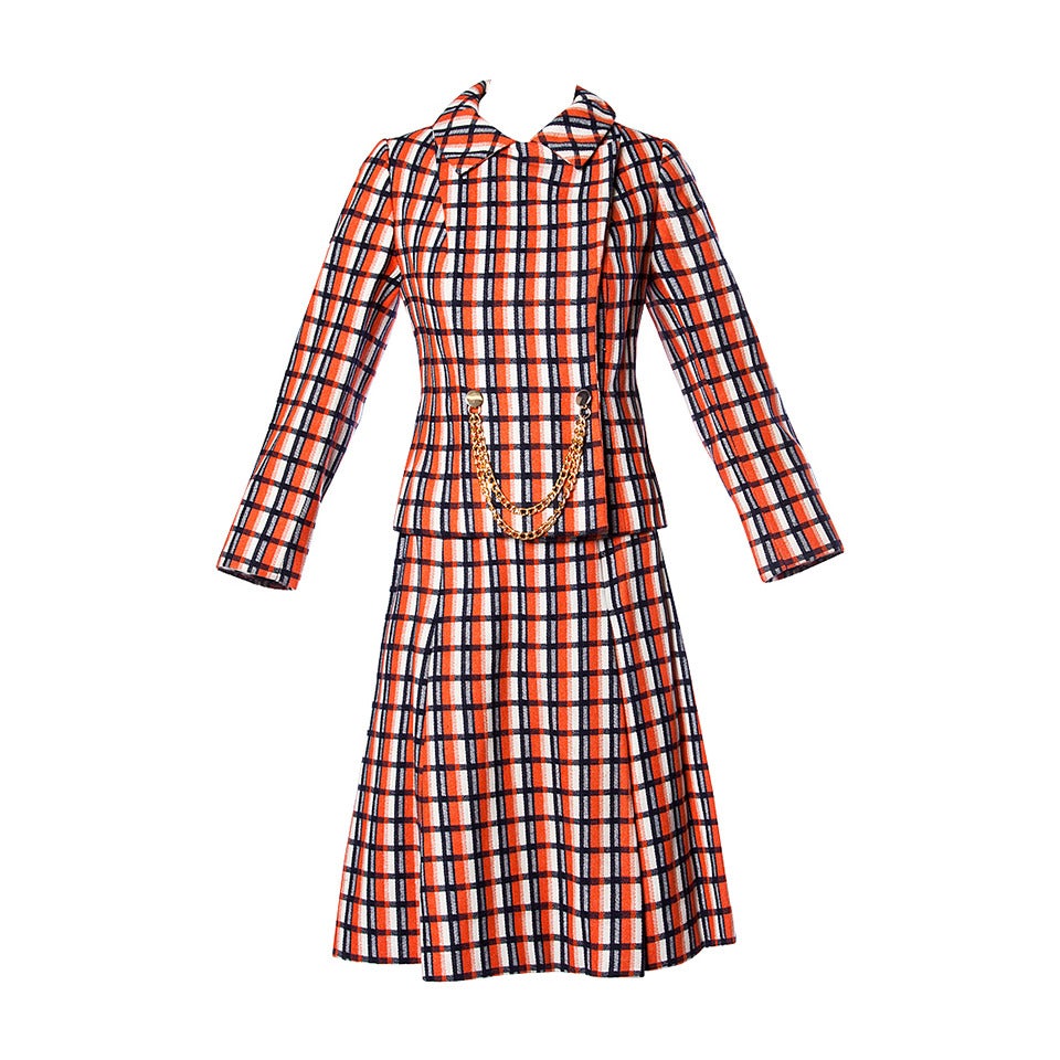 Bill Blass for Maurice Rentner 1960s Wool Plaid Jacket + Skirt Suit Ensemble For Sale