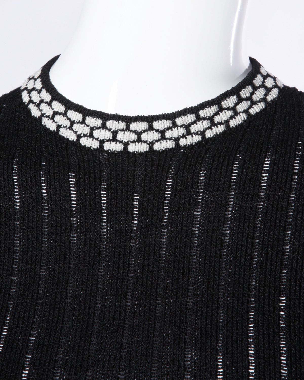 Adolfo Vintage 1970s 70s Black + White Wool Knit Dress In Excellent Condition In Sparks, NV