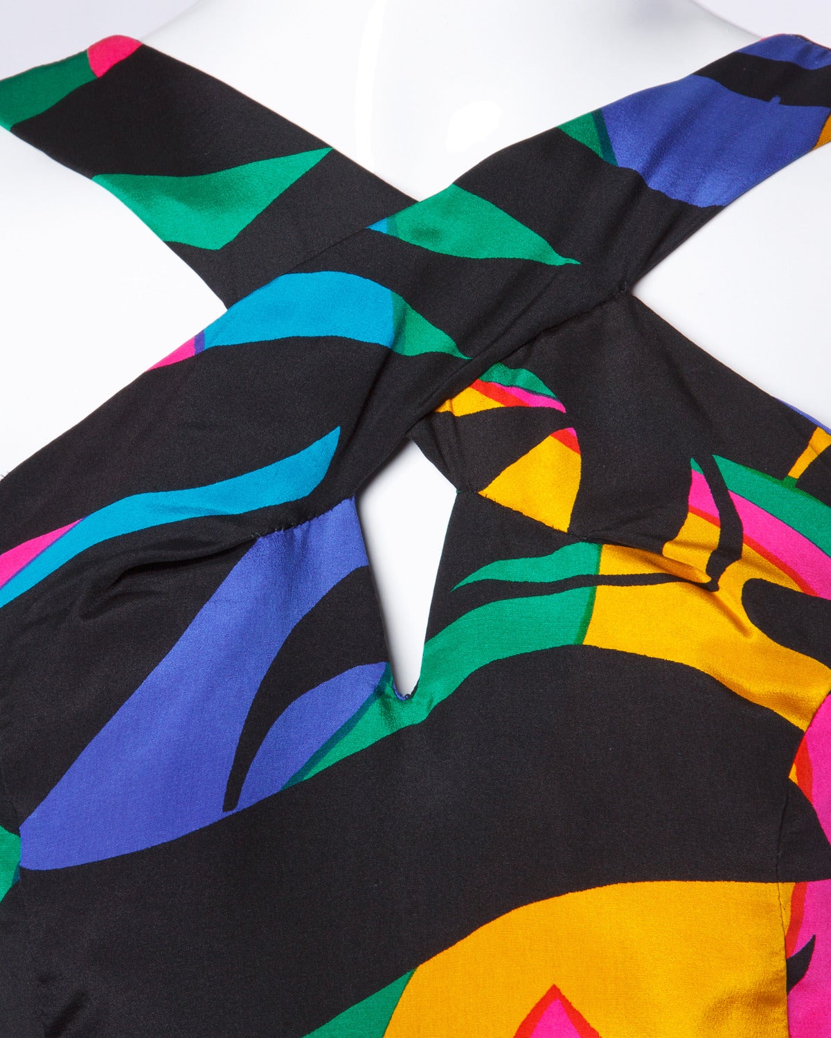 Black Michael Novarese Vintage 1980s 80s Colorful Silk Print Sheath Dress For Sale