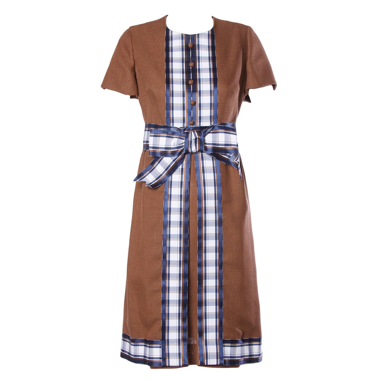 Marion Rigney Vintage 1960s 60s Mod Linen Dress with Plaid Ribbon Trim