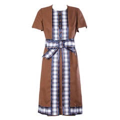 Marion Rigney Vintage 1960s 60s Mod Linen Dress with Plaid Ribbon Trim