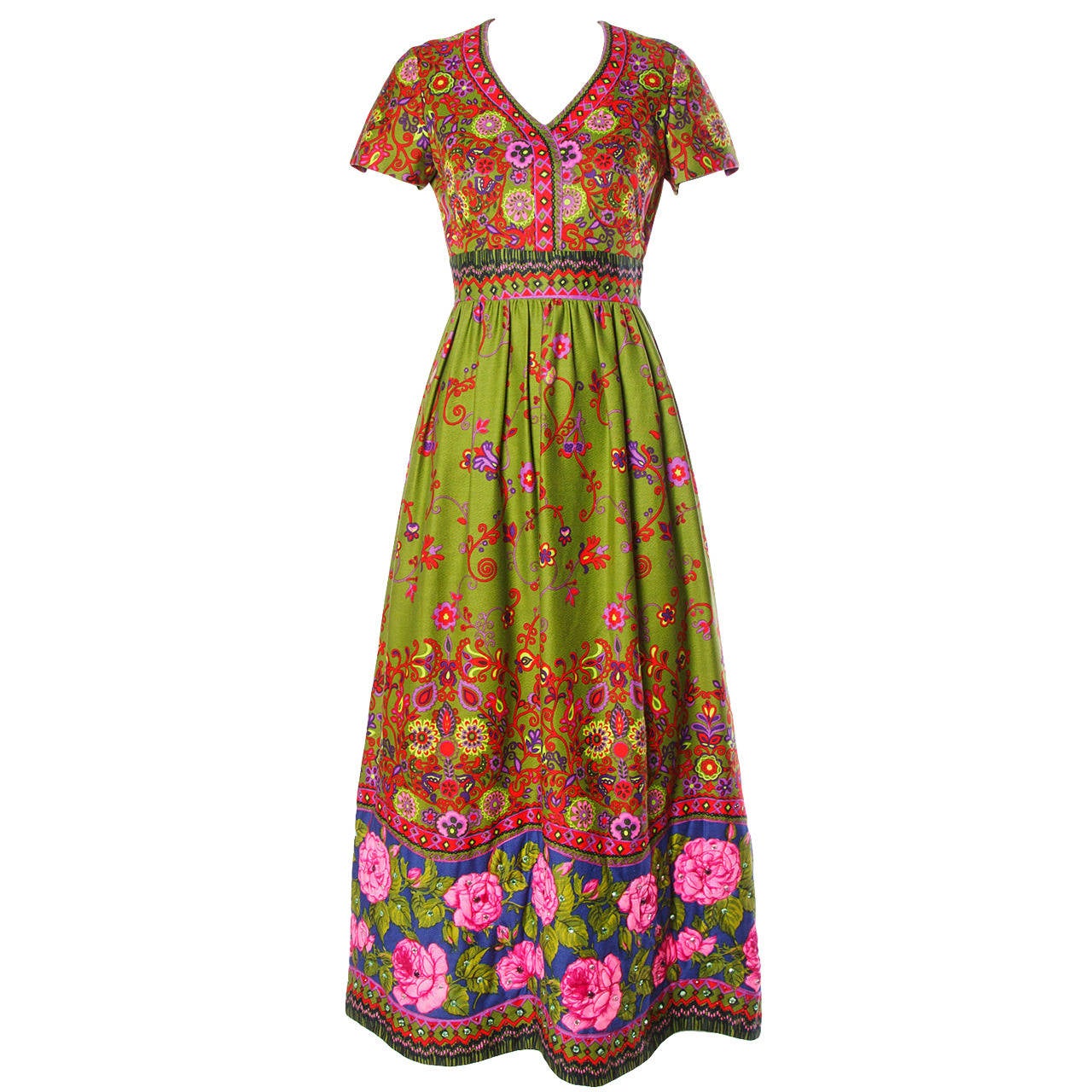 Erlebacher Vintage 1970s Vibrant Rhinestone Embellished Maxi Dress