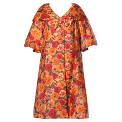 Sandra Sage Vintage 1960s 60s Silk Floral Print Swing Coat with Full Sweep