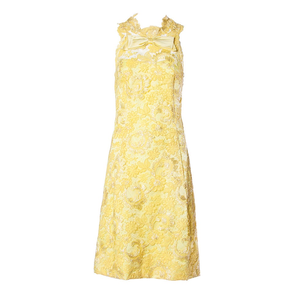 Mary Sach's Vintage Couture 1960s Metallic Yellow Lace Shift Dress For Sale