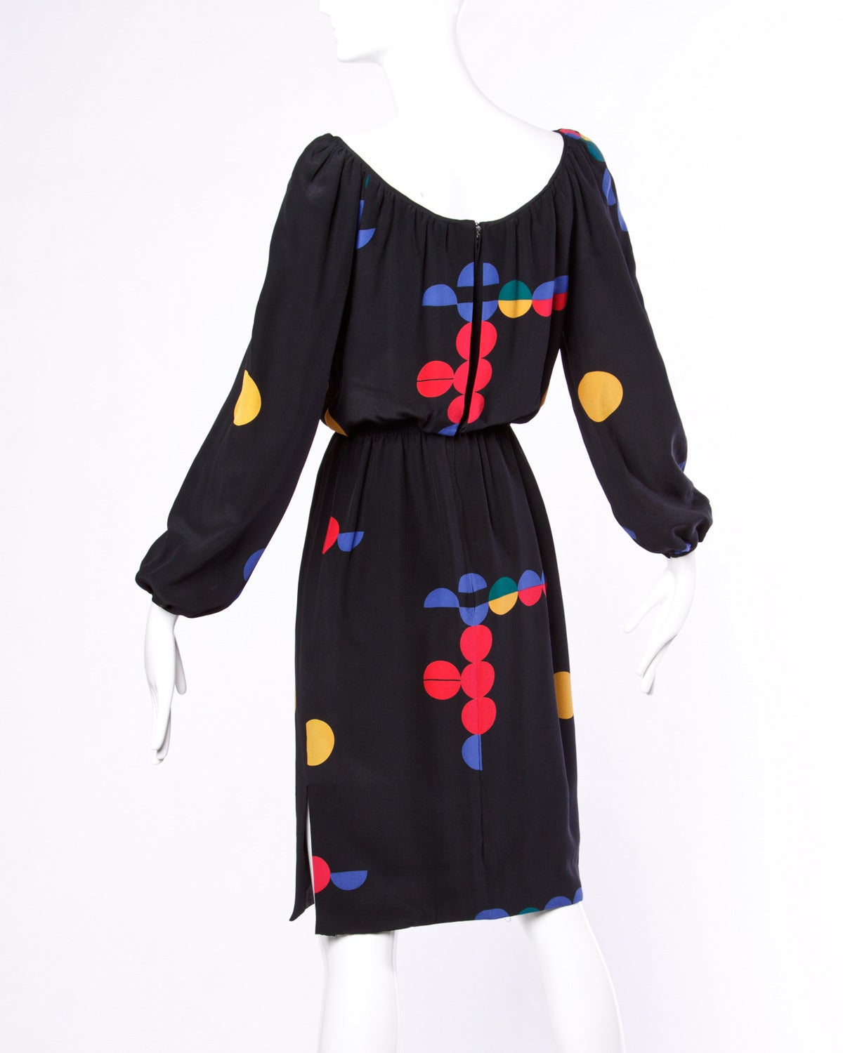 Classic 1970s Michael Novarese Black Silk Chiffon Dress w Balloon Sleeves & Pleating Details