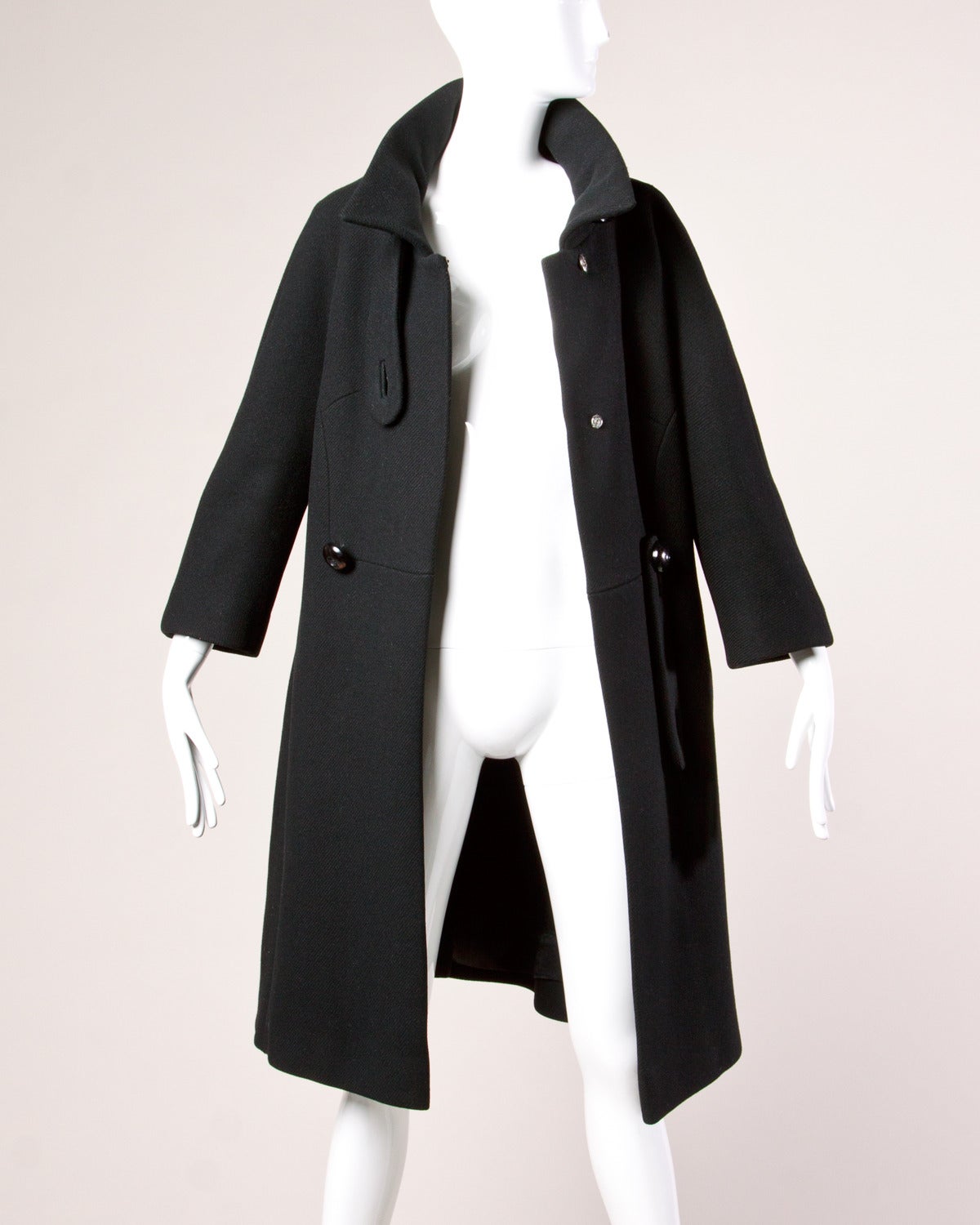 Louis Feraud Vintage 1960s 60s Mod Heavy Black Wool Coat 2