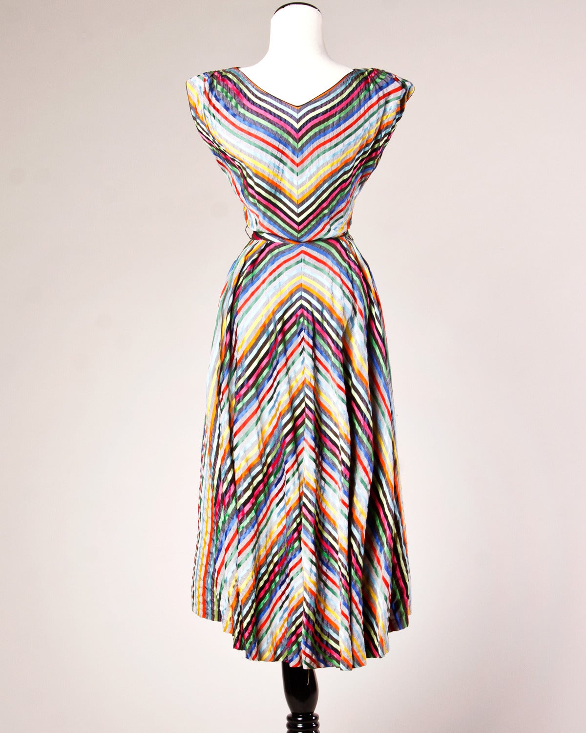 Women's Vintage 1940s Rainbow Striped Party Dress with a Full Sweep