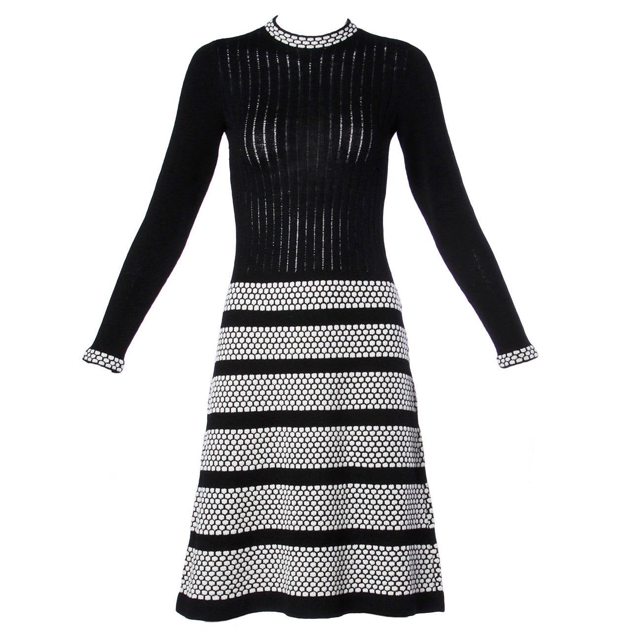 Adolfo Vintage 1970s 70s Black + White Wool Knit Dress