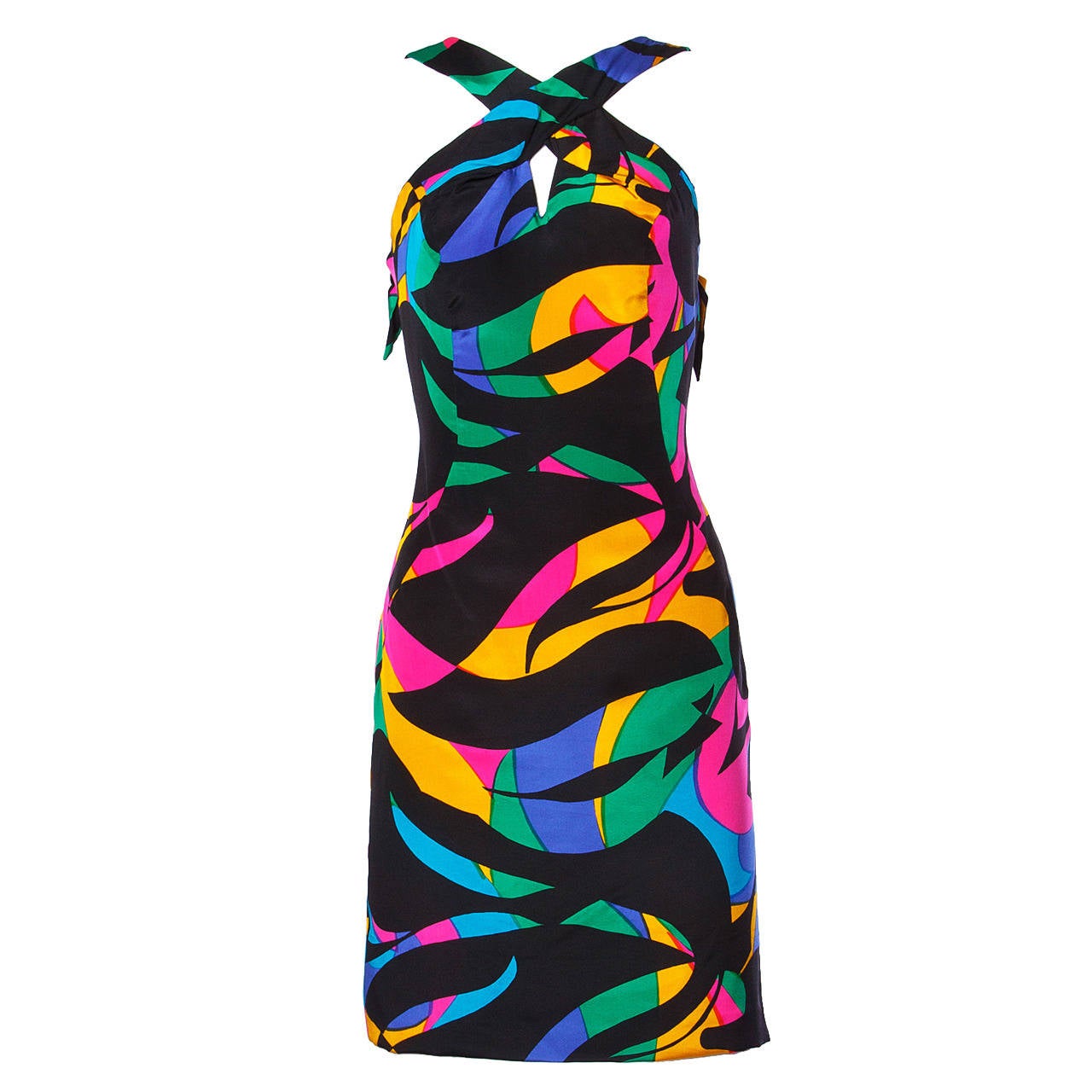 Michael Novarese Vintage 1980s 80s Colorful Silk Print Sheath Dress For Sale